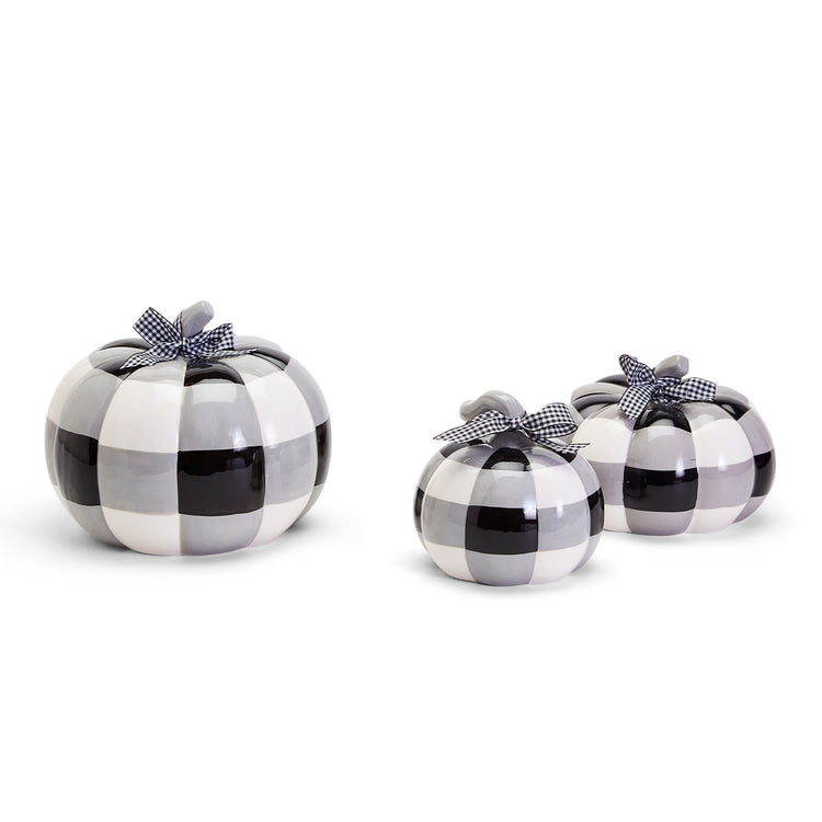 Buffalo Check Pumpkin Hand-Painted Black White Gingham Fall Halloween Decor