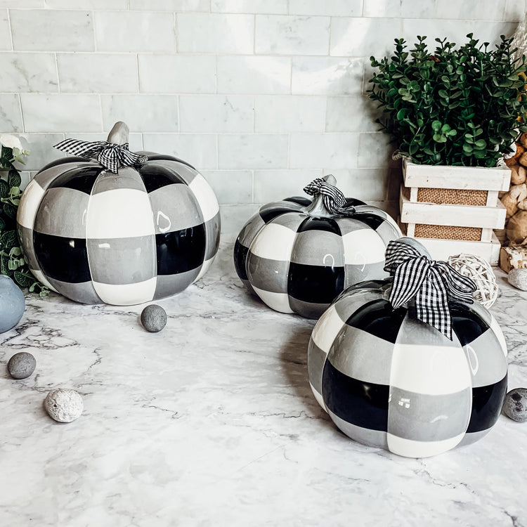 Buffalo Check Pumpkin Hand-Painted Black White Gingham Fall Halloween Decor