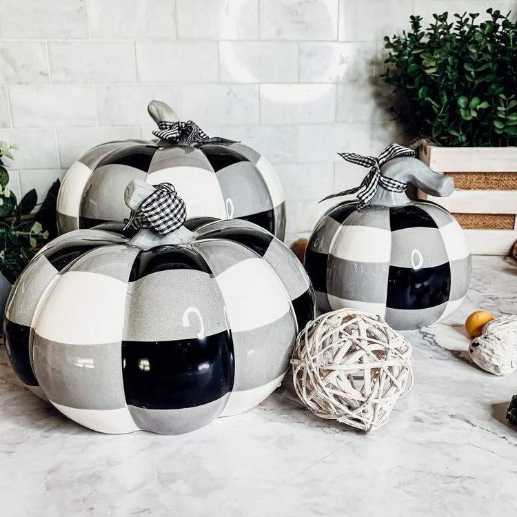 Buffalo Check Pumpkin Hand-Painted Black White Gingham Fall Halloween Decor