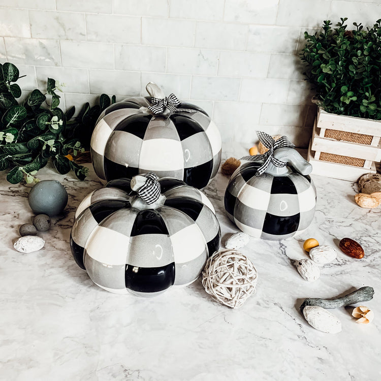 Buffalo Check Pumpkin Hand-Painted Black White Gingham Fall Halloween Decor
