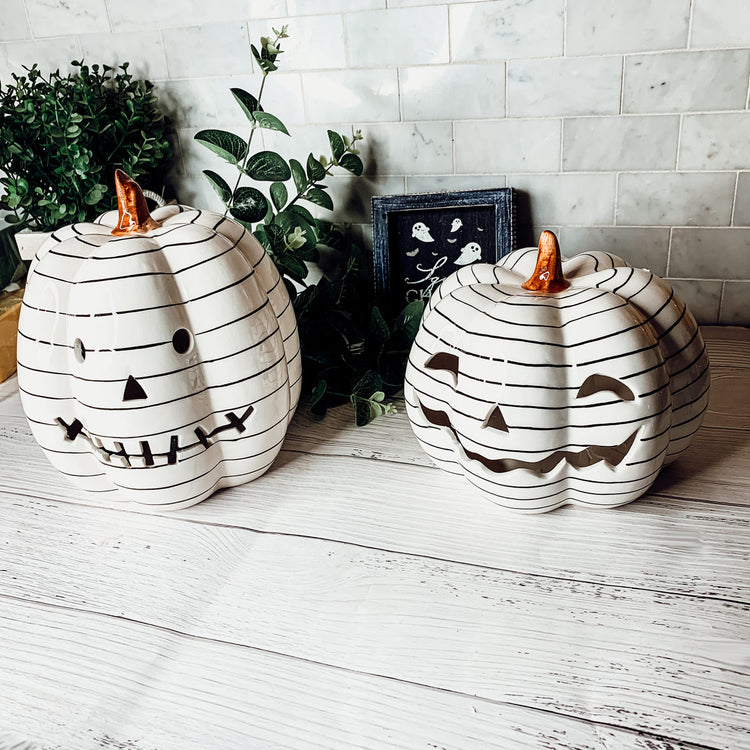 Hand Painted Black White LED Striped Pumpkin Minimalist Fall Halloween Decor