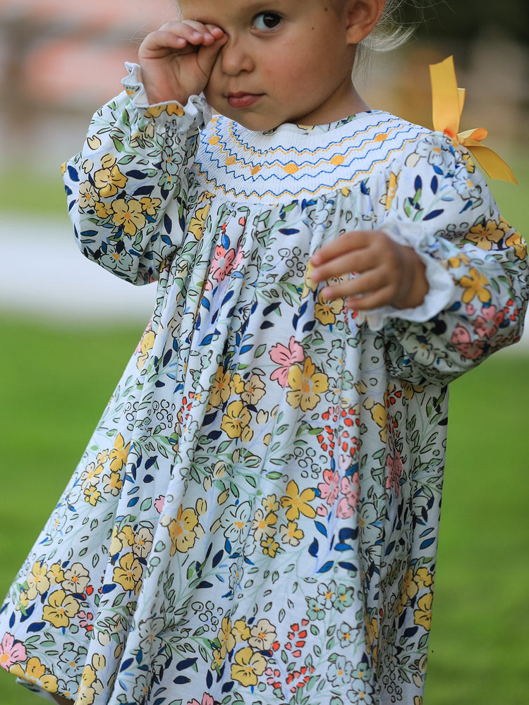Fall Embroidery Smocking Bow Floral Leaf Baby Girls Dress