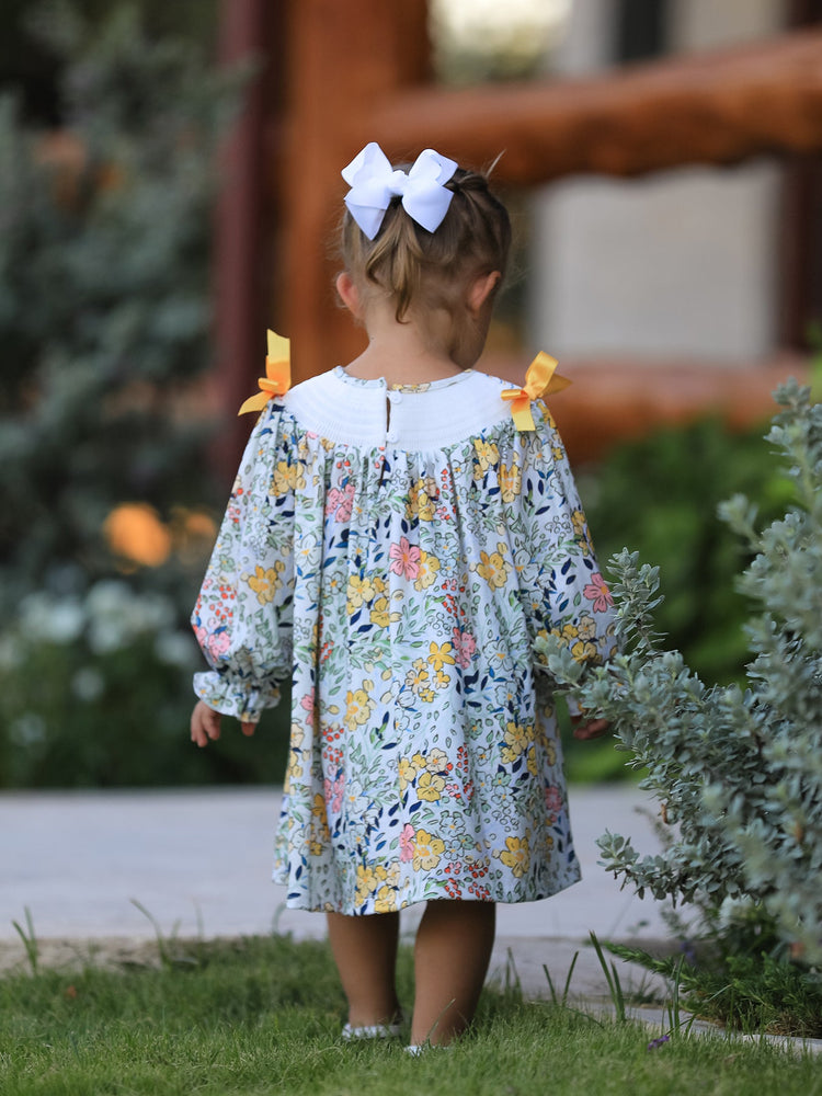 Fall Embroidery Smocking Bow Floral Leaf Baby Girls Dress