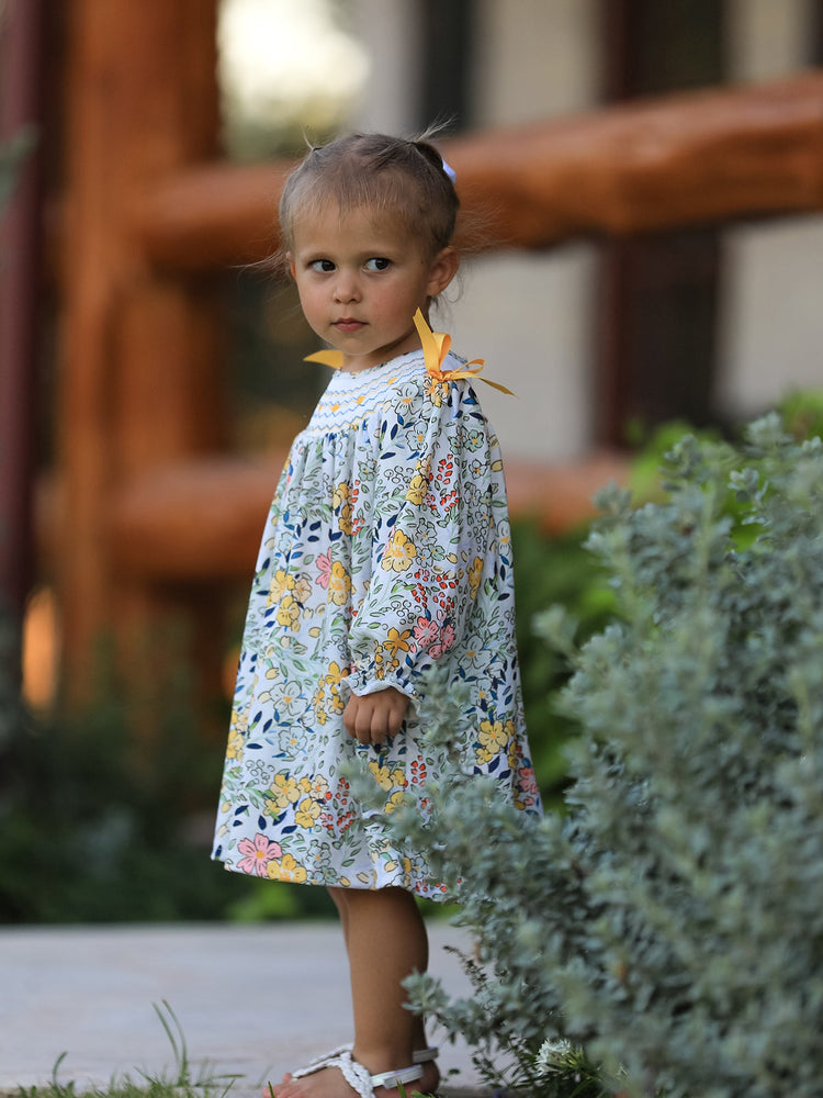 Fall Embroidery Smocking Bow Floral Leaf Baby Girls Dress