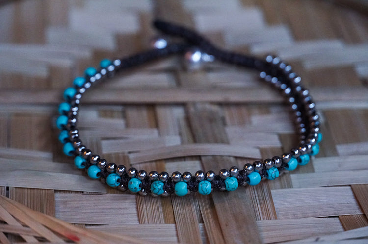 Turquoise Beaded Boho Silver Anklet Adjustable Chain