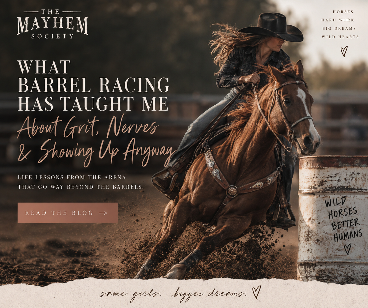 Barrel racer turning a barrel in a dusty arena for The Mayhem Society blog about grit, nerves, and showing up.