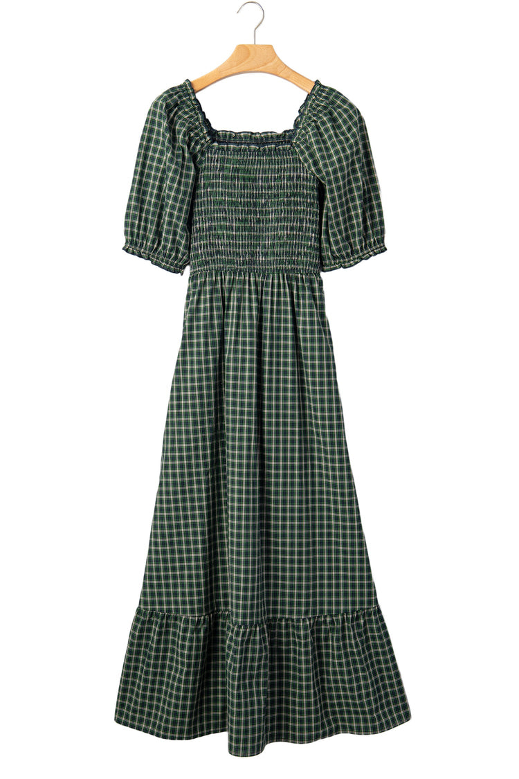 Daisy Plaid Shirred Ruffle-Hem Dress
