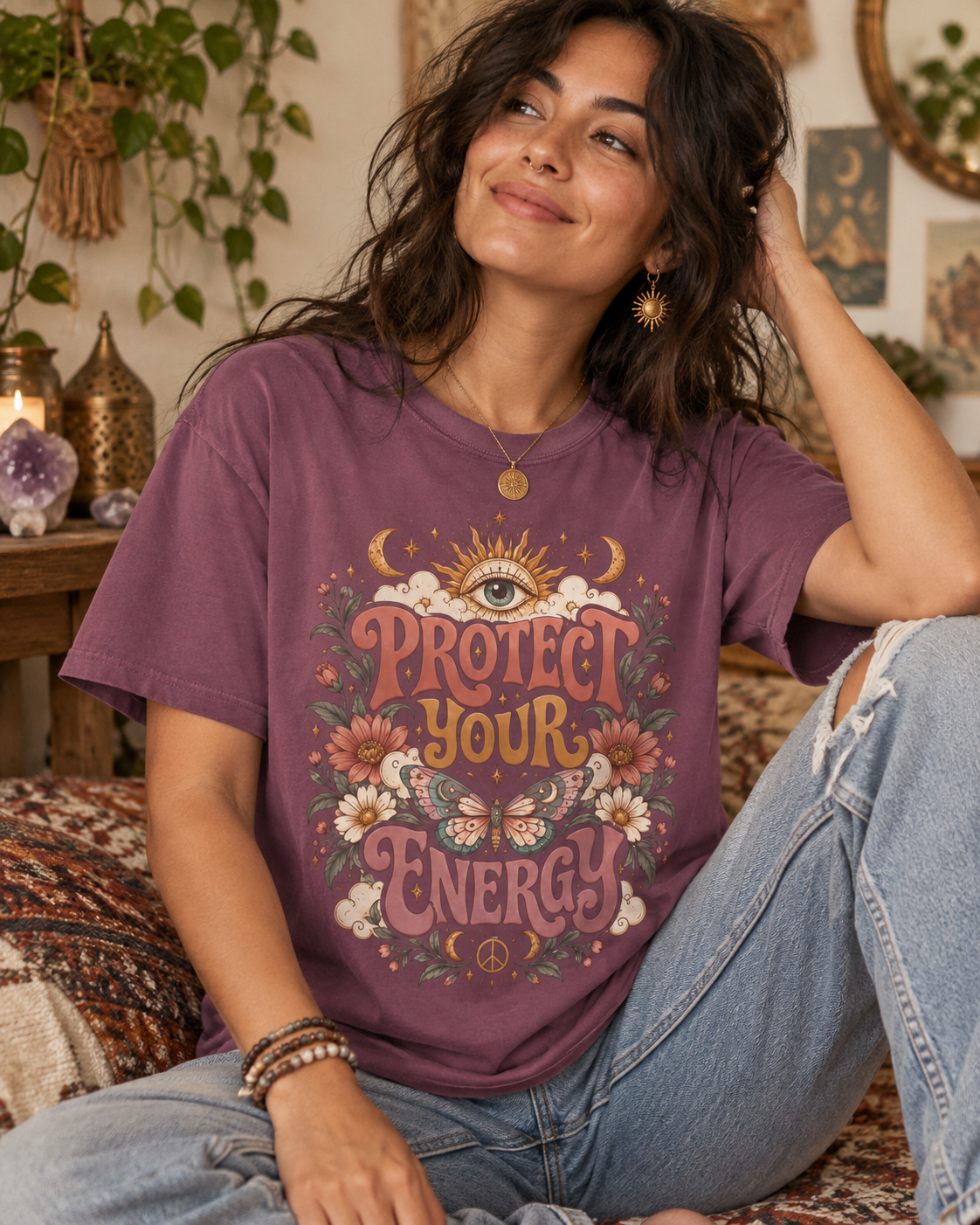 Protect Your Energy Comfort Colors Tee | Boho Celestial Graphic Shirt