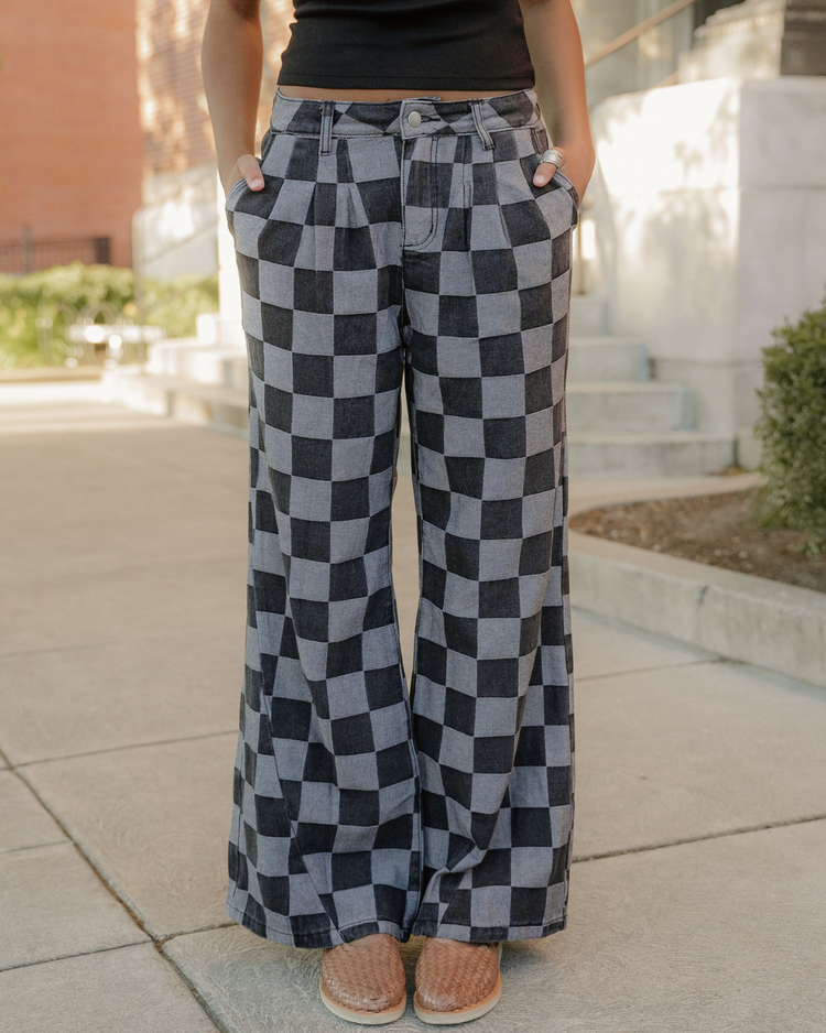 Naomi Checkered Denim Wide Leg Jeans