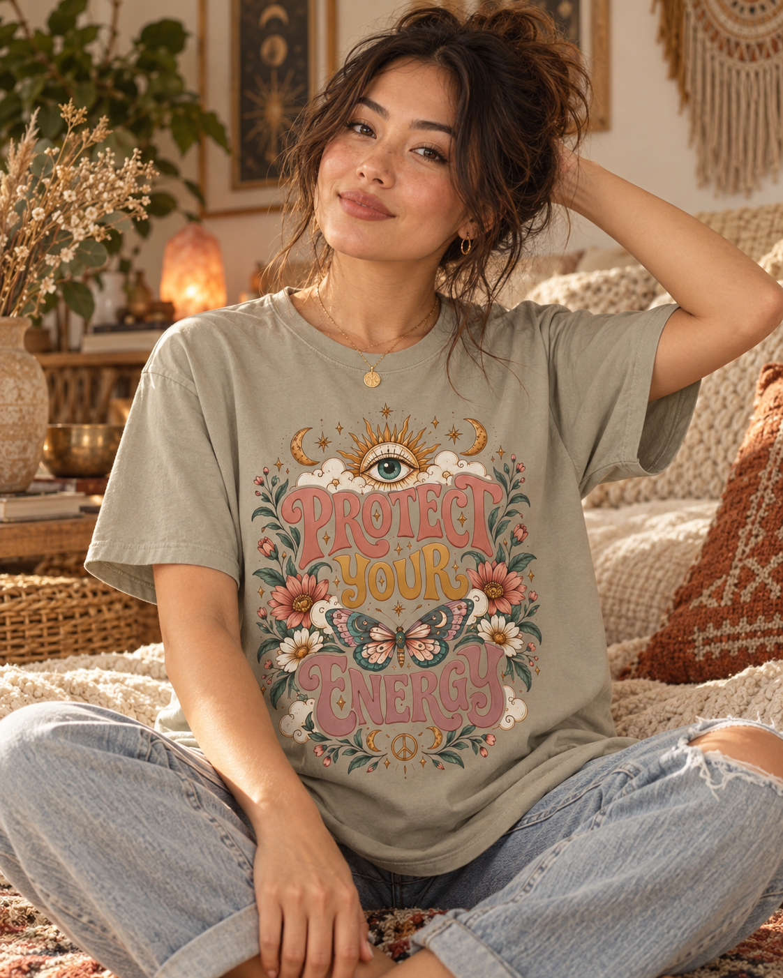 Protect Your Energy Comfort Colors Tee | Boho Celestial Graphic Shirt