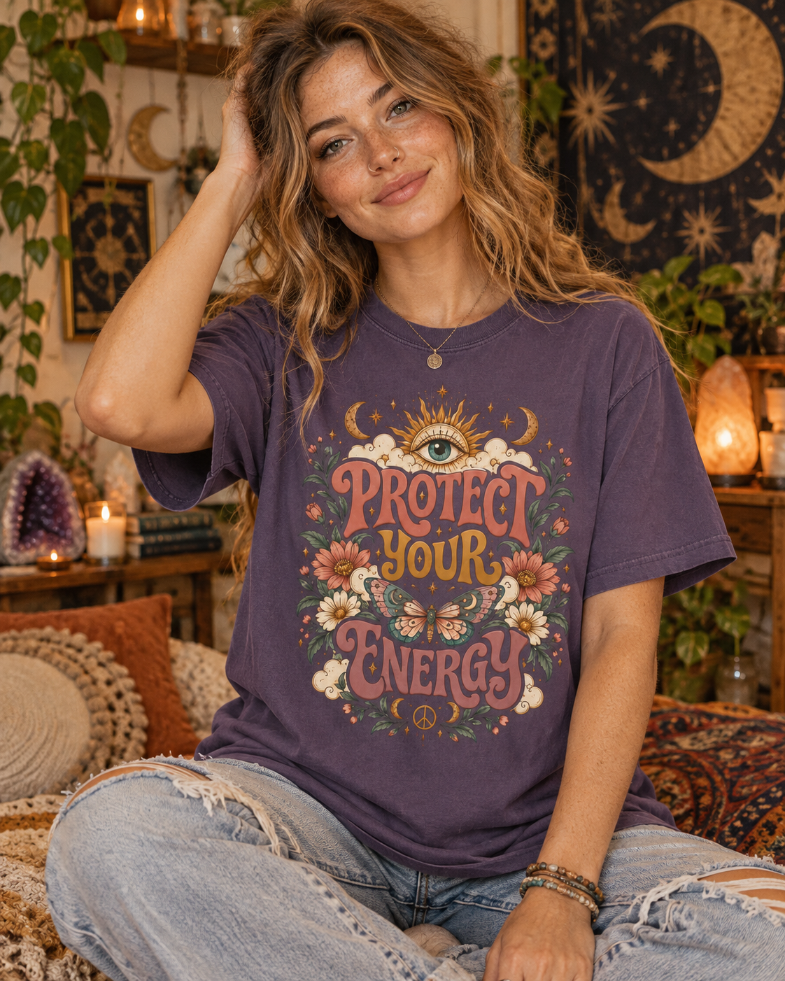 Protect Your Energy Comfort Colors Tee | Boho Celestial Graphic Shirt