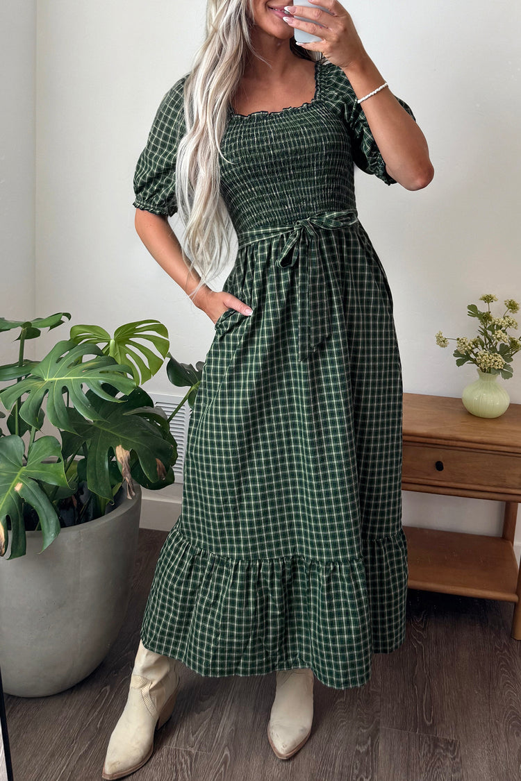 Daisy Plaid Shirred Ruffle-Hem Dress