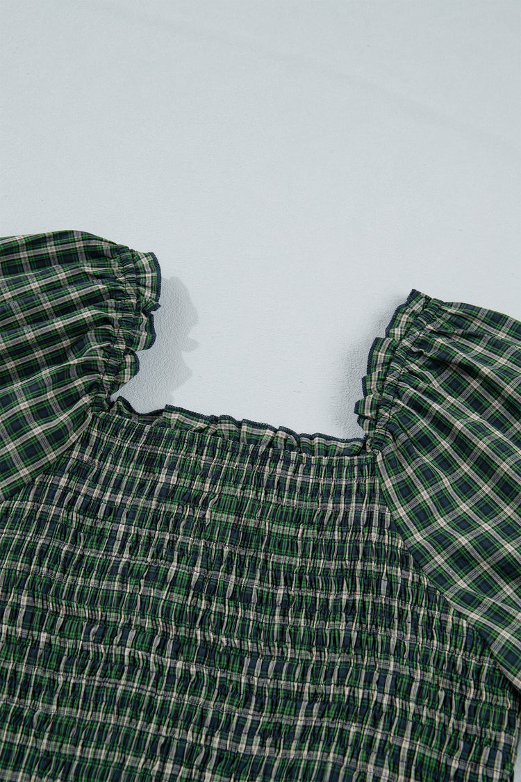 Daisy Plaid Shirred Ruffle-Hem Dress