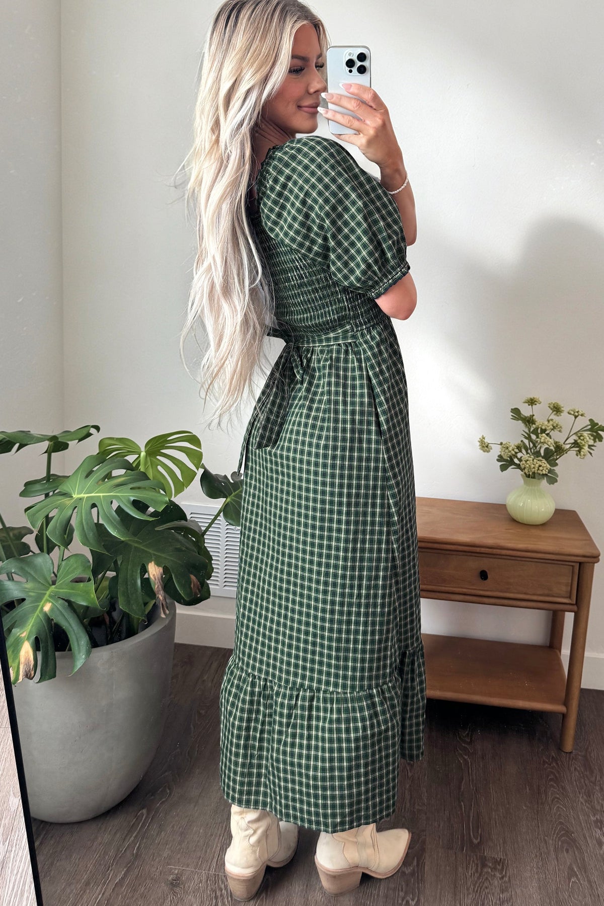 Daisy Plaid Shirred Ruffle-Hem Dress