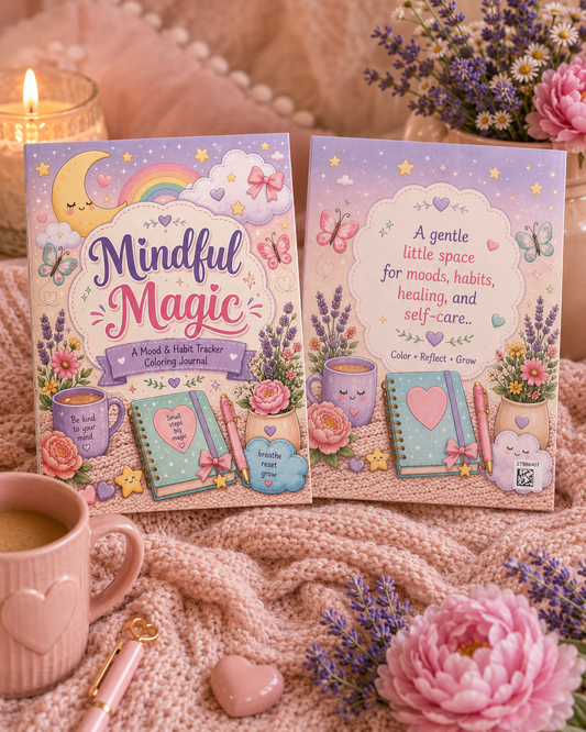 Two pastel coloring book covers displayed on a cozy knitted blanket with flowers, a mug, and candles around them. The left cover reads 'Mindful Magic' and the right cover reads 'A gentle little space for moods, habits, healing, and self-care.