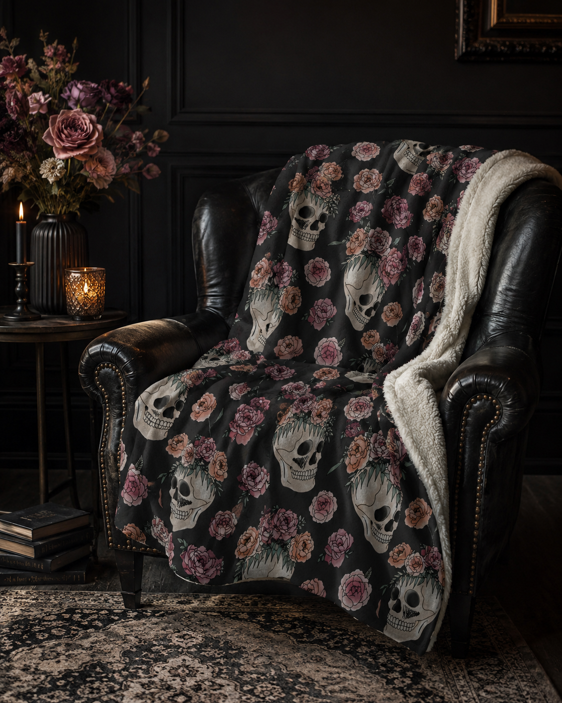 Floral Skull Pattern Sherpa Blanket | Rose Skull Fleece Throw