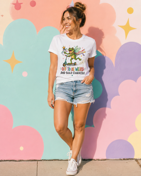 A woman wearing a white graphic t-shirt with a cartoon frog and the text 'NOT TO BE WEIRD AND BUILD CHARACTER', paired with denim shorts and white sneakers, posing in front of a pastel-colored cloud-patterned wall.