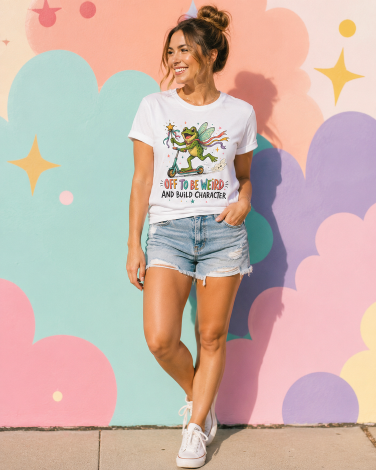 A woman wearing a white graphic t-shirt with a cartoon frog and the text 'NOT TO BE WEIRD AND BUILD CHARACTER', paired with denim shorts and white sneakers, posing in front of a pastel-colored cloud-patterned wall.