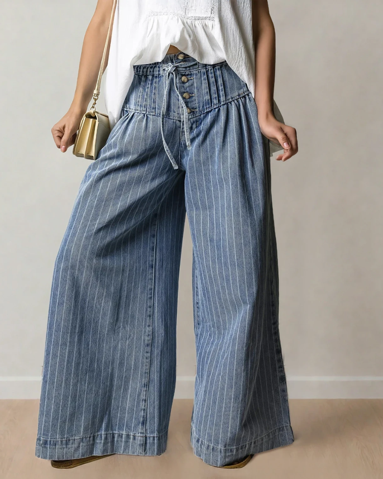 Cora Blue Stripe Button Pleated Drawstring Waist Casual Wide Leg Jeans