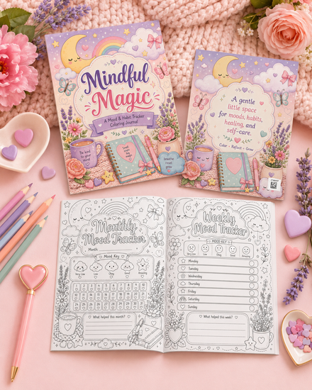 A styled flat-lay of a pastel-themed journaling set on a pink background, featuring a book titled 'Mindful Magic Journaling Guide' and a matching planner page spread open. The scene includes pink roses, lavender sprigs, pastel pencils, heart-shaped accessories, and a knitted pink blanket.