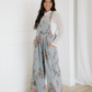 Scottie Floral Print Pleated High Waist Wide Leg Denim Jumpsuit
