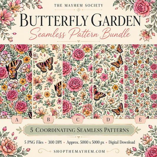 Butterfly Garden Seamless Pattern Bundle | 5 Floral Butterfly PNG Digital Patterns