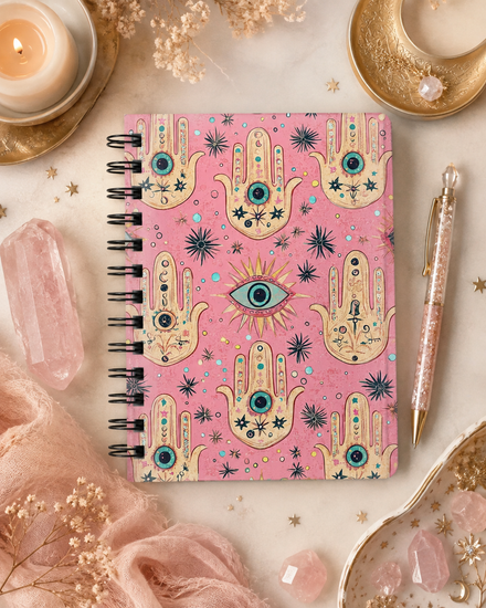 A pink spiral notebook with a Hamsa hand and eye pattern, styled in a boho flat-lay with crystals, dried flowers, a candle, and a pen.