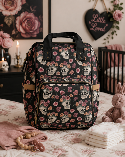 Floral Skull Diaper Backpack | Dark Rose Baby Bag