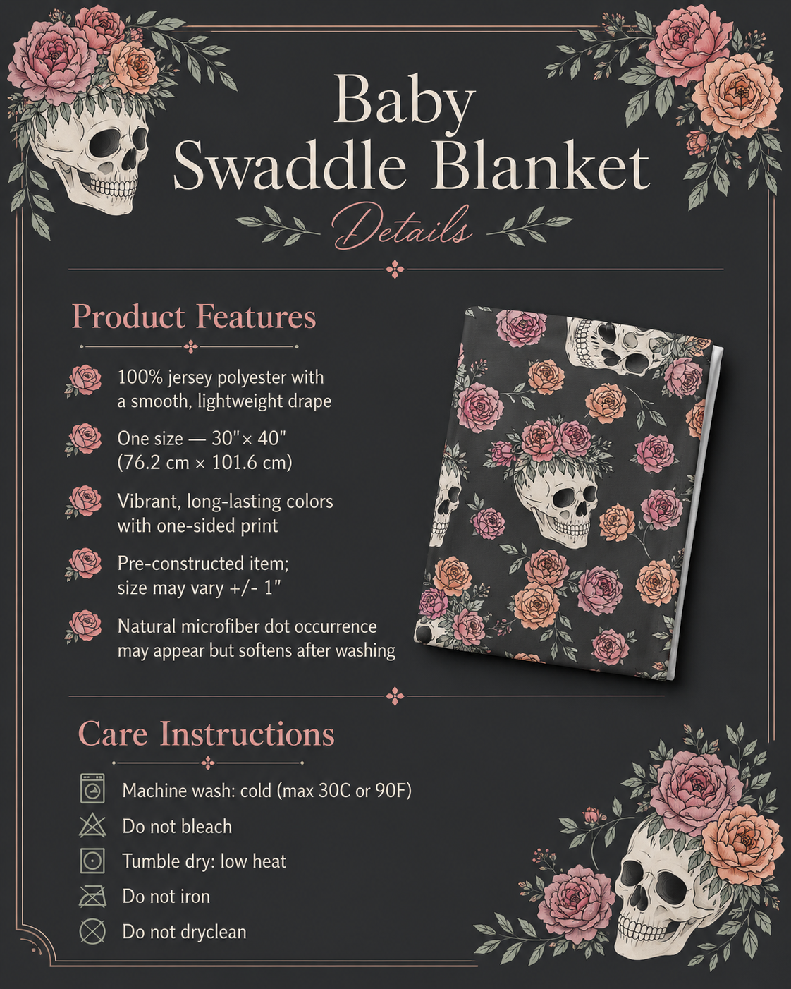 Floral Skull Baby Swaddle Blanket | Dark Rose Newborn Blanket