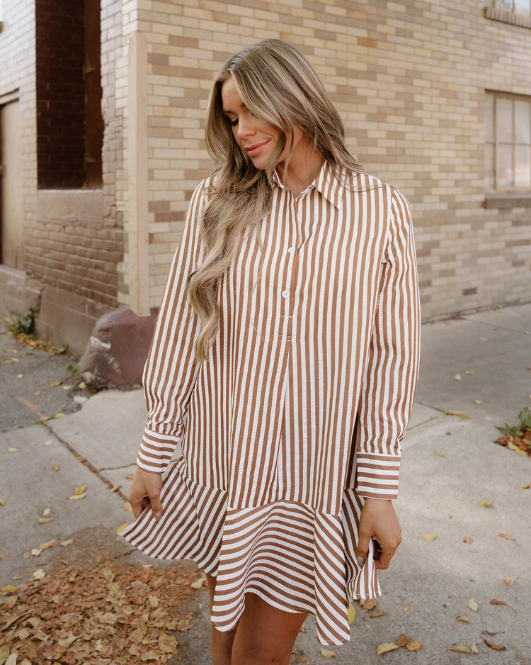 Dallas Striped Ruffle-Hem Shirt Dress