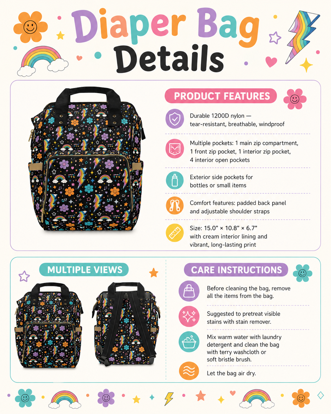 Rainbow Lightning Diaper Backpack | Mayhem Society Baby Bag