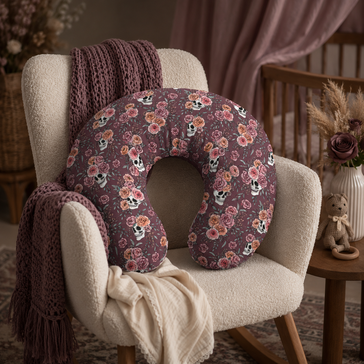 Floral Skull Nursing Pillow Cover | Dark Rose Baby Pillowcase