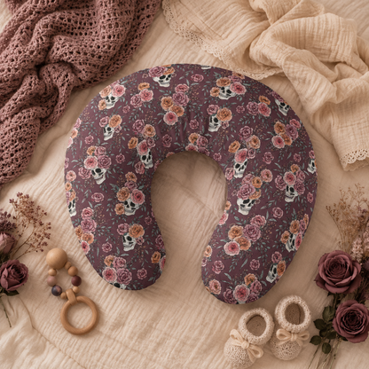 Floral Skull Nursing Pillow Cover | Dark Rose Baby Pillowcase
