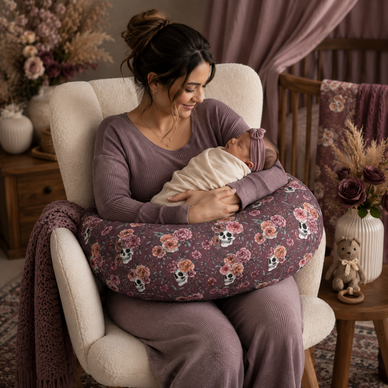 Floral Skull Nursing Pillow Cover | Dark Rose Baby Pillowcase
