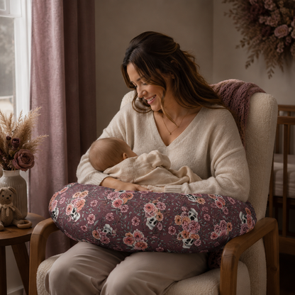 Floral Skull Nursing Pillow Cover | Dark Rose Baby Pillowcase