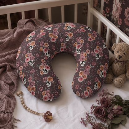 Floral Skull Nursing Pillow Cover | Dark Rose Baby Pillowcase