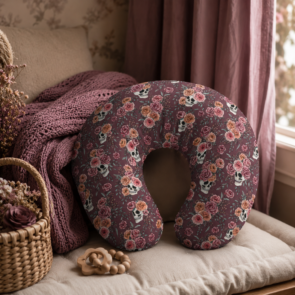 Floral Skull Nursing Pillow Cover | Dark Rose Baby Pillowcase