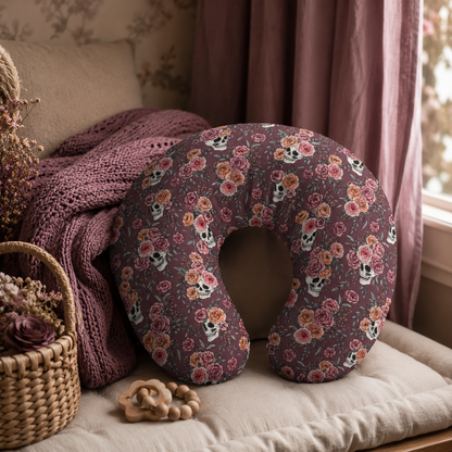 Floral Skull Nursing Pillow Cover | Dark Rose Baby Pillowcase