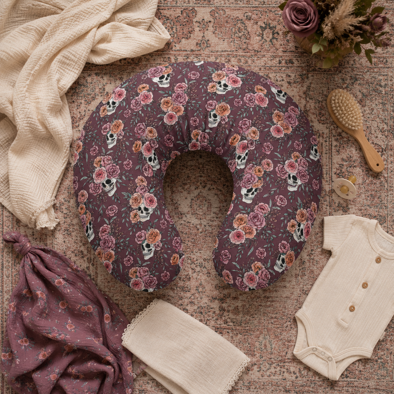 Floral Skull Nursing Pillow Cover | Dark Rose Baby Pillowcase