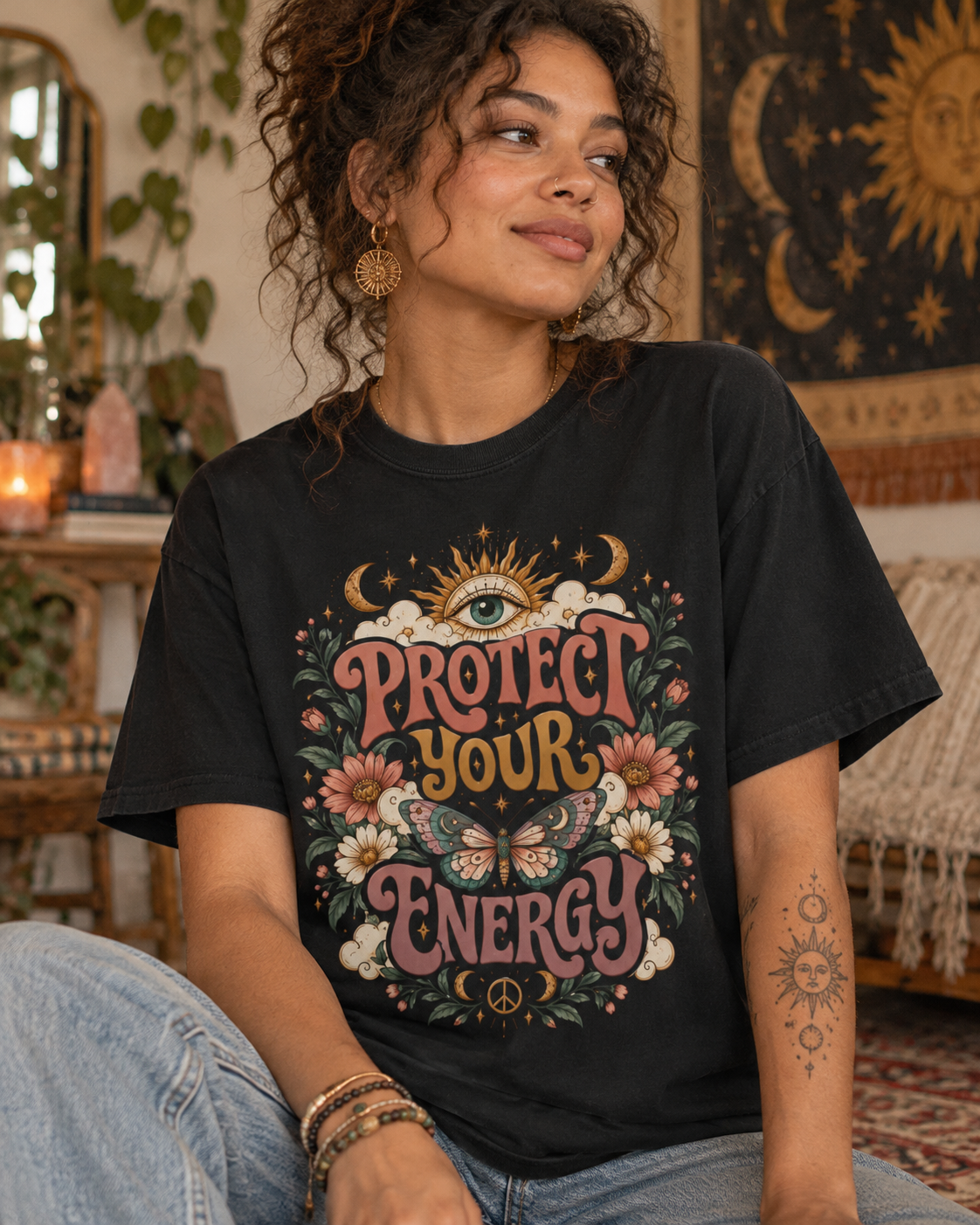 Protect Your Energy Comfort Colors Tee | Boho Celestial Graphic Shirt