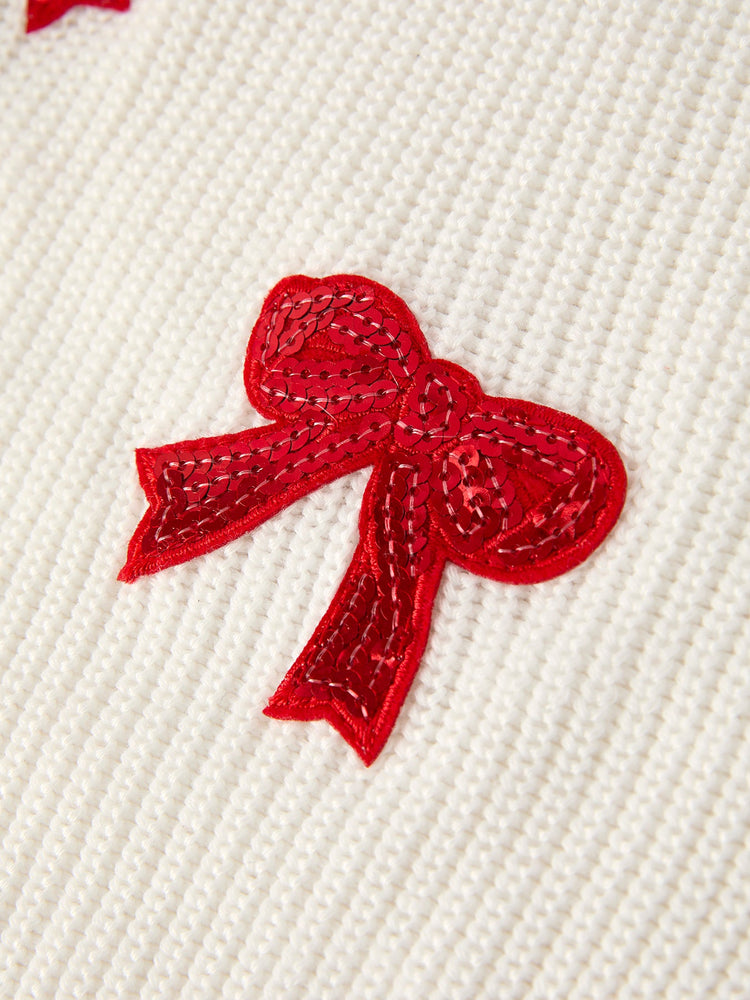 Mommy & Me Winter Girls Bow Sequins Pullover Sweater