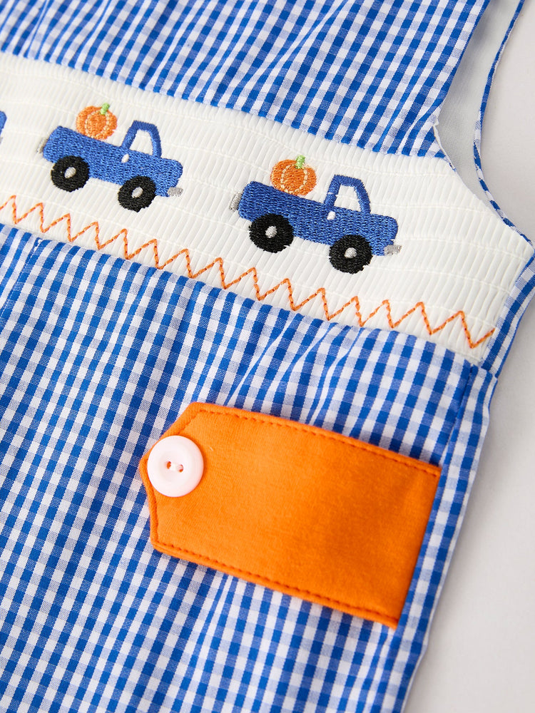 Fall Thanksgiving & Halloween Truck Smock Embroidery Baby Boy Romper