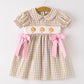 Fall Thanksgiving Lapel Plaid Chick Embroidery Smocking Bow Baby Girls Dress