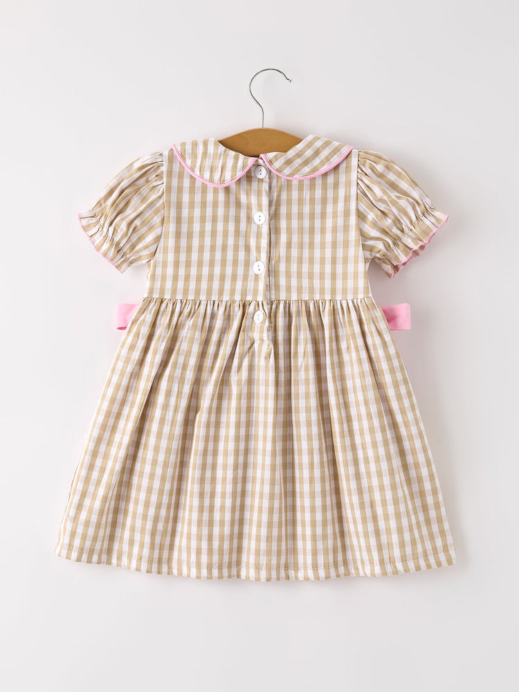 Fall Thanksgiving Lapel Plaid Chick Embroidery Smocking Bow Baby Girls Dress