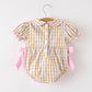 Fall Thanksgiving Lapel Plaid Chick Embroidery Smocking Bow Baby Girls Romper