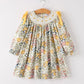 Fall  Embroidery Smocking Bow Floral Leaf Baby Girls Dress