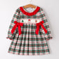Christmas Embroidery Smocking Bow Plaid Girls Dress