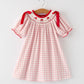 Pink Gingham Christmas Girls Dress: Santa Embroidery with Red Satin Ribbon