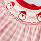 Pink Gingham Christmas Girls Dress: Santa Embroidery with Red Satin Ribbon