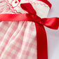 Pink Gingham Christmas Girls Dress: Santa Embroidery with Red Satin Ribbon